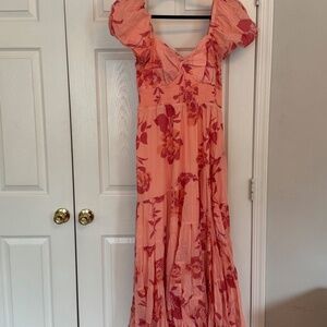 Free People “Sundrenched” Smocked Puff-Sleeve Maxi Dress – Pinky Floral- Size L